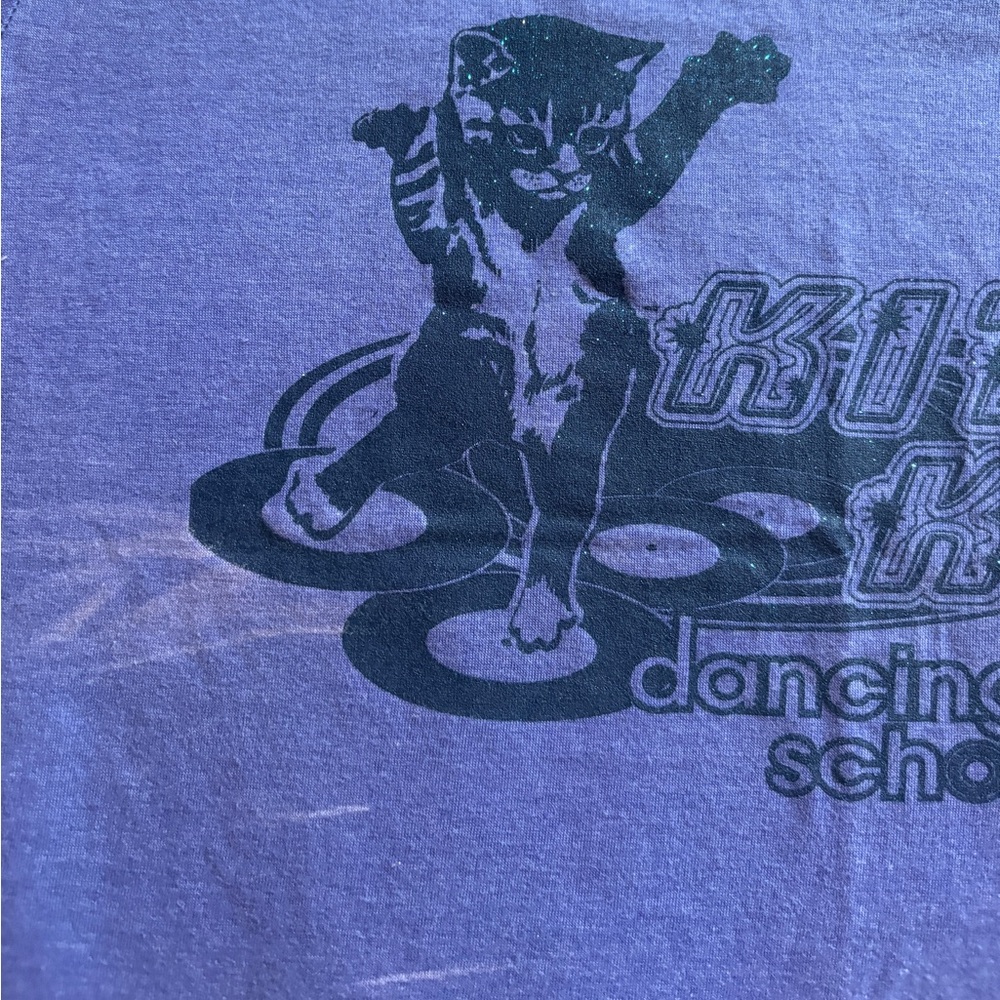 Vintage Glitter Kitty Baby Tee Blue Coquette Ringer Crewneck Disco Kitten Y2K - Picture 4 of 6